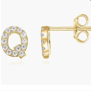 NIB PAVOI 14K Gold Plated 925 Sterling Silver CZ Initial Letter Stud Earring "Q"